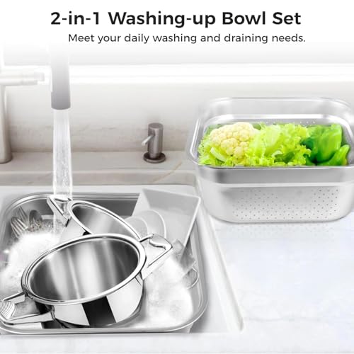 Yopple 2-in-1 Stainless Steel Washing Bowl Set with Colander, Multipurpose Dish Tub for Rinsing Rice, Pasta, Veggies, Fruits, Food Strainer & Mixing Bowl Kit - Image 3