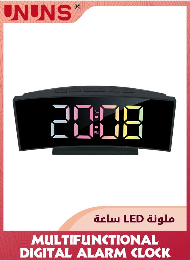 UNUNS Digital Alarm Clock For Bedroom,Digital Clock Curved Screen Display,Colorful LED Numbers,12/24H,Thermometer,Calendar,Ringtones,Snooze,Power-Off Memory,USB Powered,Bedside Clock For Kids Adults  - Image 1