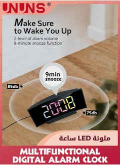 UNUNS Digital Alarm Clock For Bedroom,Digital Clock Curved Screen Display,Colorful LED Numbers,12/24H,Thermometer,Calendar,Ringtones,Snooze,Power-Off Memory,USB Powered,Bedside Clock For Kids Adults  - Image 5