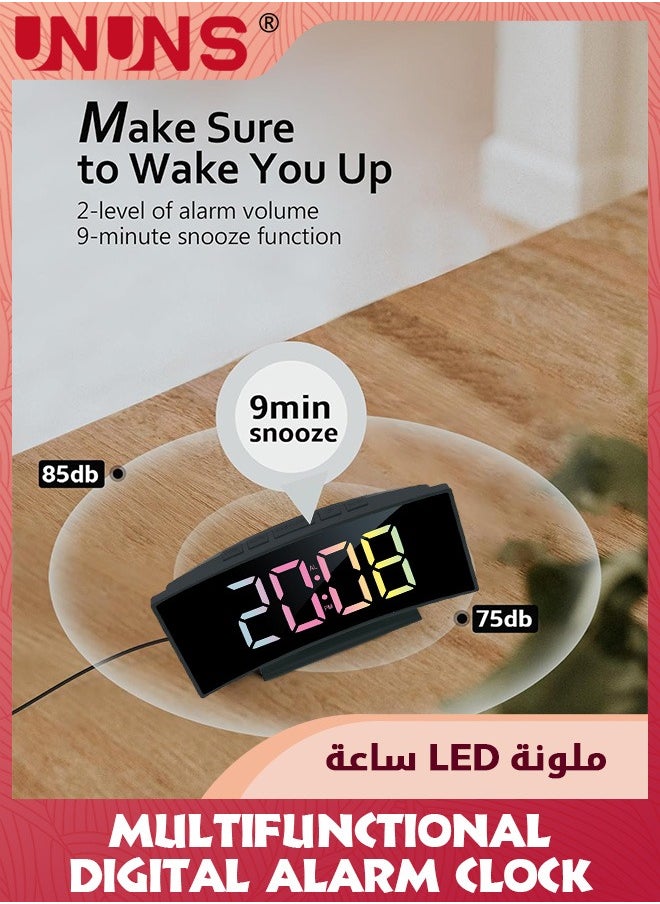 UNUNS Digital Alarm Clock For Bedroom,Digital Clock Curved Screen Display,Colorful LED Numbers,12/24H,Thermometer,Calendar,Ringtones,Snooze,Power-Off Memory,USB Powered,Bedside Clock For Kids Adults  - Image 5