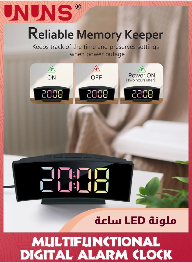UNUNS - Digital Alarm Clock For Bedroom,Digital Clock Curved Screen Display,Colorful LED Numbers,12/24H,Thermometer,Calendar,Ringtones,Snooze,Power-Off Memory,USB Powered,Bedside Clock For Kids Adults - Image 1