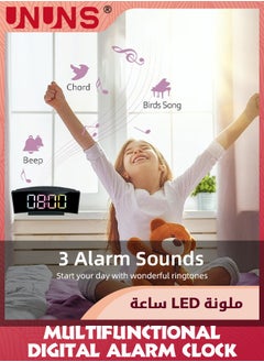 UNUNS Digital Alarm Clock For Bedroom,Digital Clock Curved Screen Display,Colorful LED Numbers,12/24H,Thermometer,Calendar,Ringtones,Snooze,Power-Off Memory,USB Powered,Bedside Clock For Kids Adults  - Image 3
