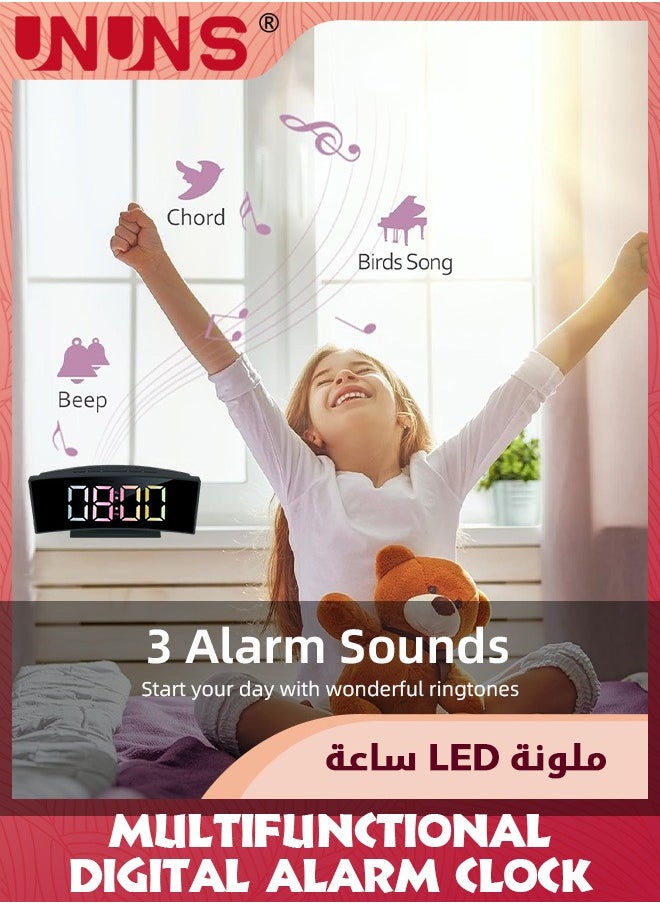UNUNS Digital Alarm Clock For Bedroom,Digital Clock Curved Screen Display,Colorful LED Numbers,12/24H,Thermometer,Calendar,Ringtones,Snooze,Power-Off Memory,USB Powered,Bedside Clock For Kids Adults  - Image 3