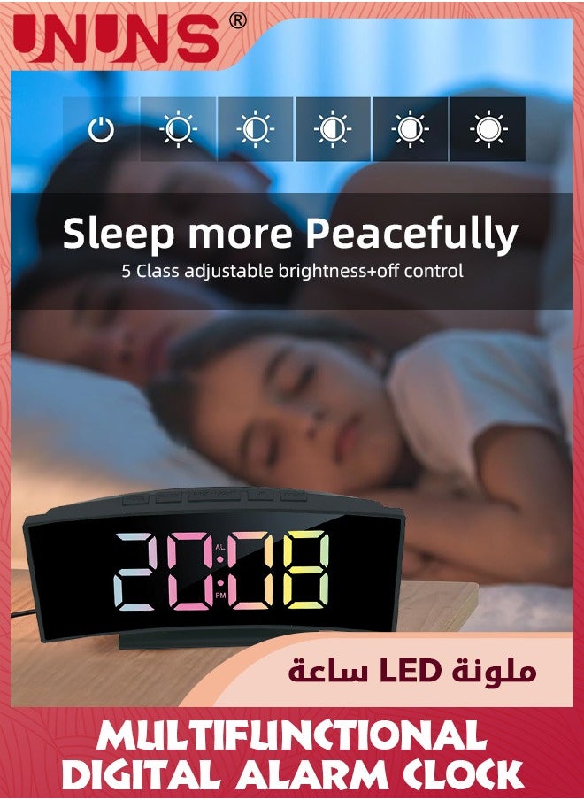 UNUNS Digital Alarm Clock For Bedroom,Digital Clock Curved Screen Display,Colorful LED Numbers,12/24H,Thermometer,Calendar,Ringtones,Snooze,Power-Off Memory,USB Powered,Bedside Clock For Kids Adults  - Image 4