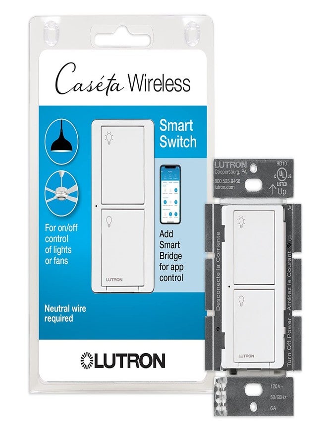 Lutron Caseta Original Smart Light Switch (Lutron Smart Hub Required), for Home, LED Lights, and Fans, 6 Amp, Single-Pole/3-Way, Neutral Required, PD-6ANS-WH, White - Image 1