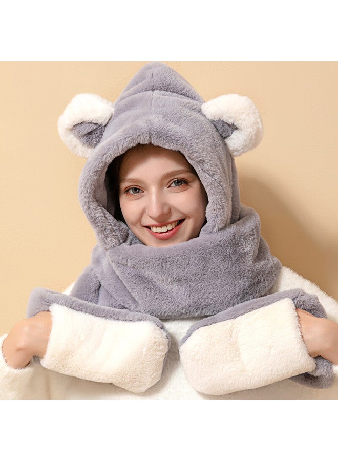 Yuzhaolin Women's Winter Hat, Gloves, And Scarf Set With Cute Bear Ears, Thick Plush, Warm Autumn And Winter Three-piece Set, Gray - Image 1