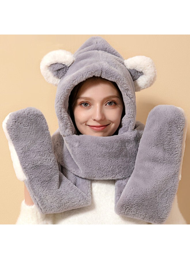 Yuzhaolin Women's Winter Hat, Gloves, And Scarf Set With Cute Bear Ears, Thick Plush, Warm Autumn And Winter Three-piece Set, Gray - Image 3