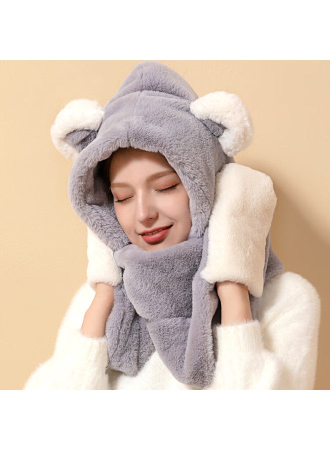 Yuzhaolin Women's Winter Hat, Gloves, And Scarf Set With Cute Bear Ears, Thick Plush, Warm Autumn And Winter Three-piece Set, Gray - Image 4