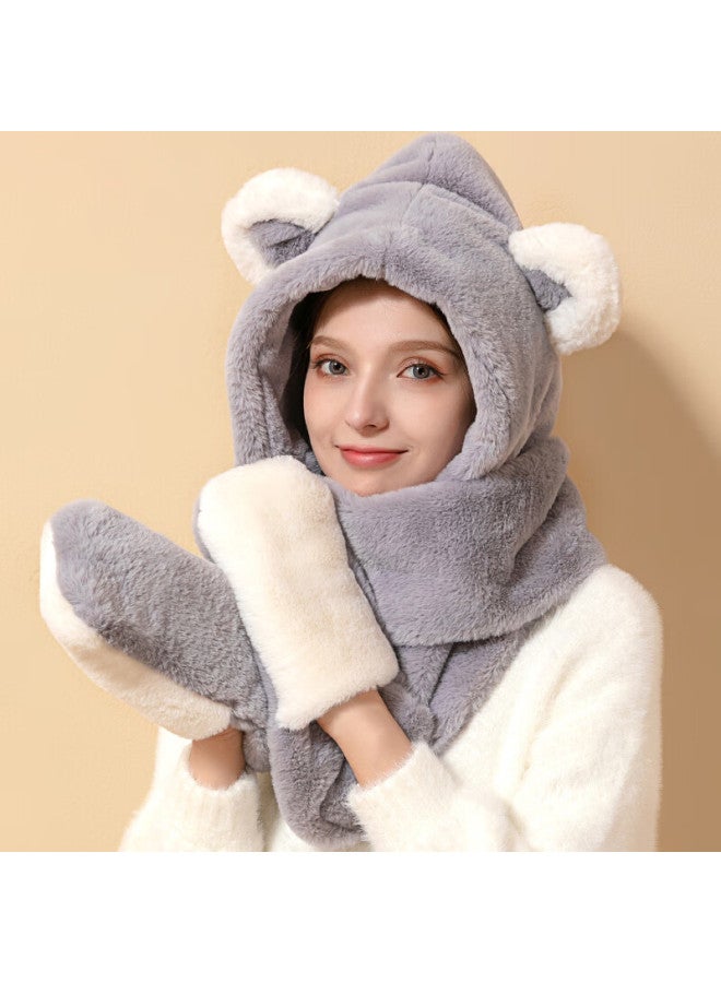 Yuzhaolin Women's Winter Hat, Gloves, And Scarf Set With Cute Bear Ears, Thick Plush, Warm Autumn And Winter Three-piece Set, Gray - Image 2