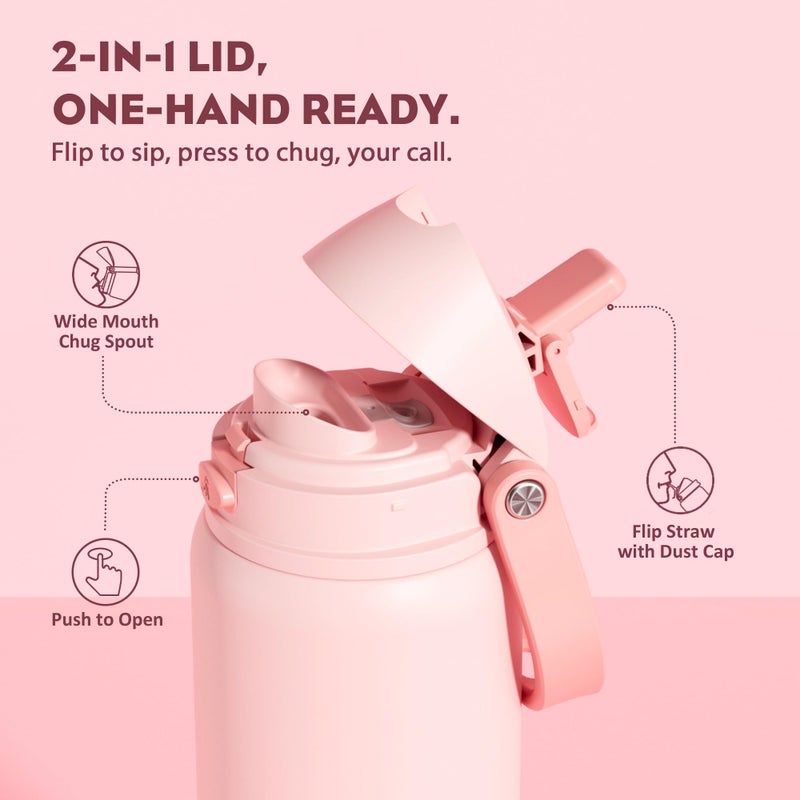 POWCAN 32 oz Insulated Water Bottle for Travel: 2-in-1 Lid with Push-Button Spout & Quick-Flip Straw, Leakproof, Keep Cold 24Hrs, Vacuum Stainless Steel for Travel, Trip, Hiking, Sport (Cotton Candy) - Image 2