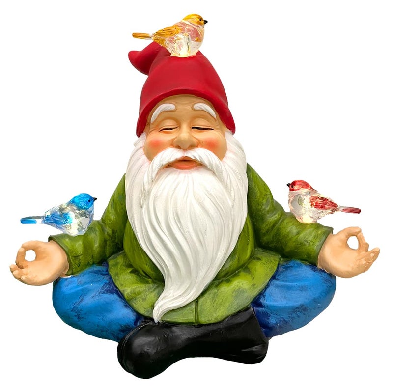 RAYWER Solar Powered Gnome with Red Hat and 3 Birds Resin Garden Ornament with LED Light Lawn Figurine Outdoor Decoration Statue Gnome with 3 Birds