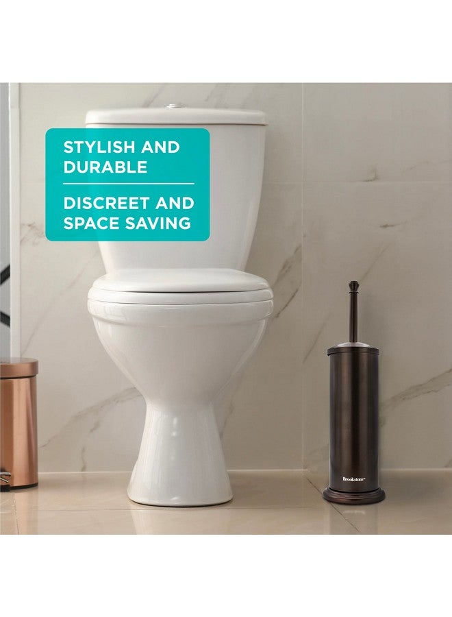 Brookstone BROOKSTONE, Bronze Metallic Toilet Brush with Holder, Long Handle for Deep Bowl Cleaning, [Splash Protective Disc], Stylish Modern Space Saving Design, Leakproof Inner Container  - Image 2
