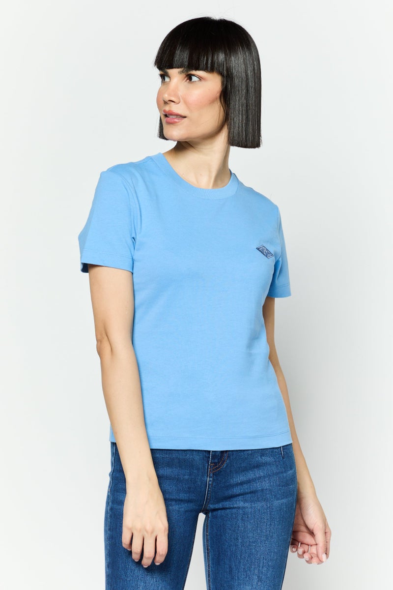 ESPRIT تي شيرت نسائي بياقة دائرية وأكمام قصيرة بشعار العلامة التجارية، أزرق - Image 1