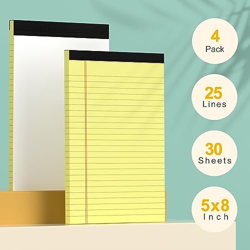 PINJINGPRO Small Note Pads 5x8 Yellow – 4 Pack, 80gsm Premium Thick Paper, 30 Sheets/ 60 Pages Per Pad, Perforated Pages Narrow Ruled Writing Pad, College Ruled Legal Notepads 5x8 for Homework, Office, Business - Image 2