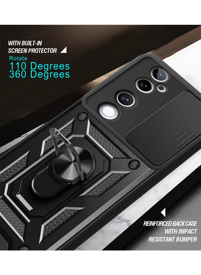 Generic - Case for VIVO V40 5G / V40 Pro 5G with Sliding Camera Cover, Kickstand, PC+TPU Dual-Layer,Black - Image 1
