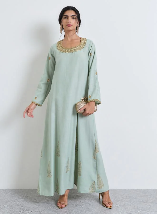 Amirah Green Embellished Linen Slub Jalabiya