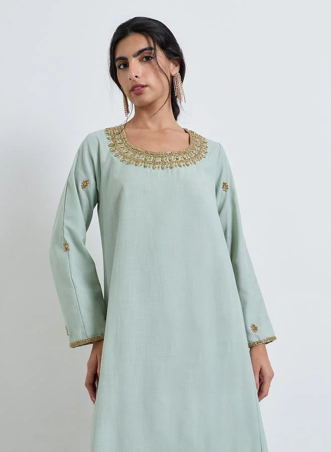 Amirah Green Embellished Linen Slub Jalabiya
