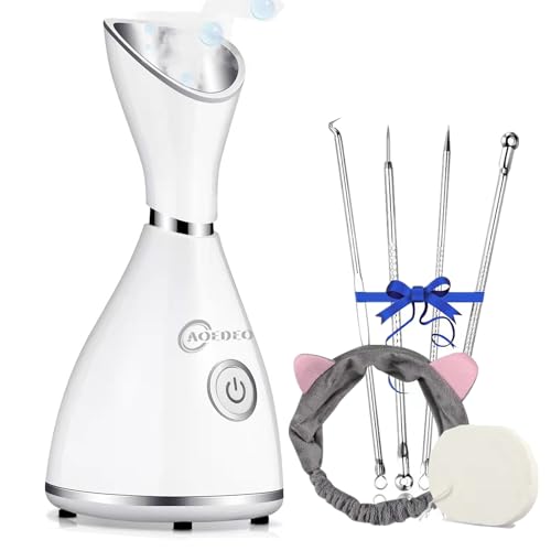 AOEDEO Face Steamer for Facial Deep Cleaning Nano Ionic Face Steamer Warm Mist Humidifier Face Steamer Home Sauna SPA Face with 4 Piece Stainless Steel Skin Kit,Hair Band,Wash Face Sponge - Image 1