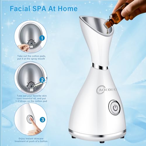 AOEDEO Face Steamer for Facial Deep Cleaning Nano Ionic Face Steamer Warm Mist Humidifier Face Steamer Home Sauna SPA Face with 4 Piece Stainless Steel Skin Kit,Hair Band,Wash Face Sponge - Image 5