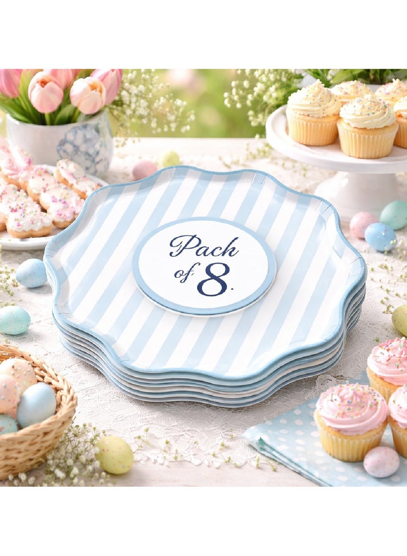 ThePartyPopper Blue Stripe Disposable Paper Plates 9 Inch – 8 Pcs Scalloped Party Plates, Striped Paper Plates for Birthday Party, Baby Shower, Tea Party, Eid, Ramadan, Picnic & Party Tableware - Image 3