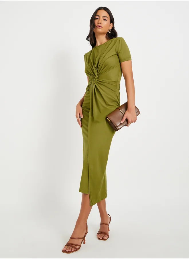 ستايلي Solid Front Knot Detail Bodycon Midi Dress