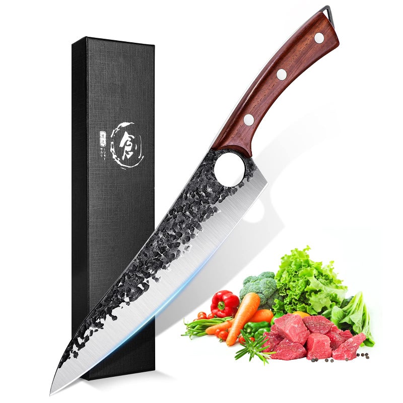Purple Dragon Purple Dragon Hand Forged Kitchen Knife 8 Inch Meat Butcher Full Tang Chef Knives High Carbon Steel Sharp Meat Cleaver Boning Knife with Gift Box for Slicing Fish Cutting Meat BBQ  - Image 1
