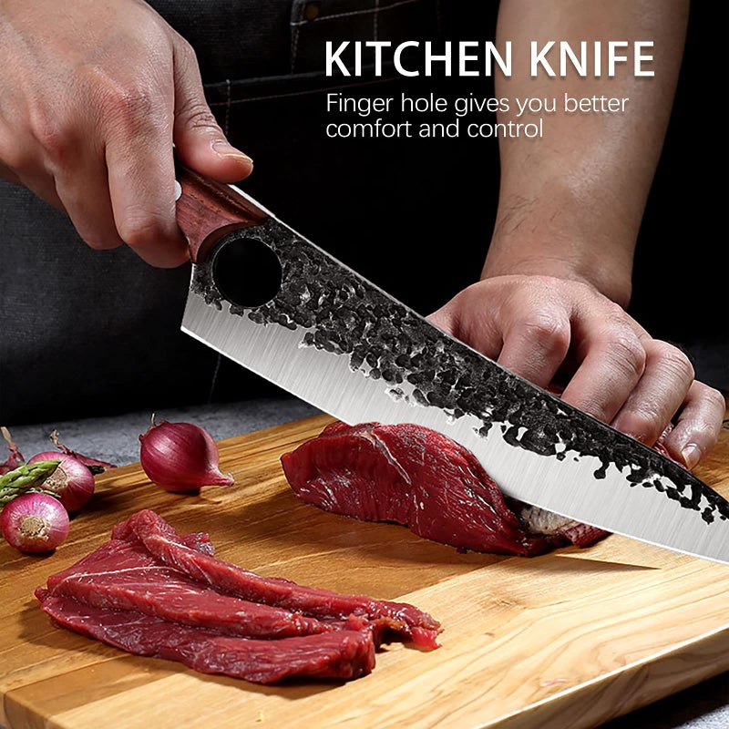 Purple Dragon Purple Dragon Hand Forged Kitchen Knife 8 Inch Meat Butcher Full Tang Chef Knives High Carbon Steel Sharp Meat Cleaver Boning Knife with Gift Box for Slicing Fish Cutting Meat BBQ  - Image 3