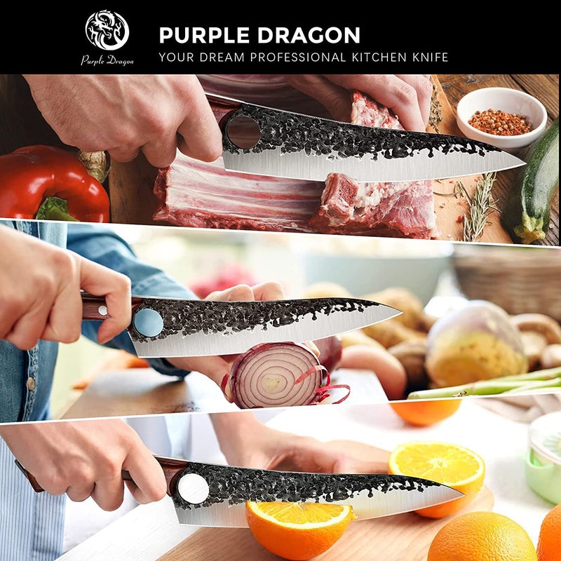 Purple Dragon Purple Dragon Hand Forged Kitchen Knife 8 Inch Meat Butcher Full Tang Chef Knives High Carbon Steel Sharp Meat Cleaver Boning Knife with Gift Box for Slicing Fish Cutting Meat BBQ  - Image 2