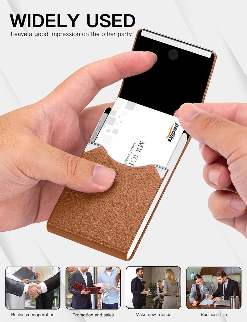 Padike Leather Business Card Holder Metal Business Card Case Slim Professional Name Card Holder with Magnetic Shut (Apricot) - Image 5