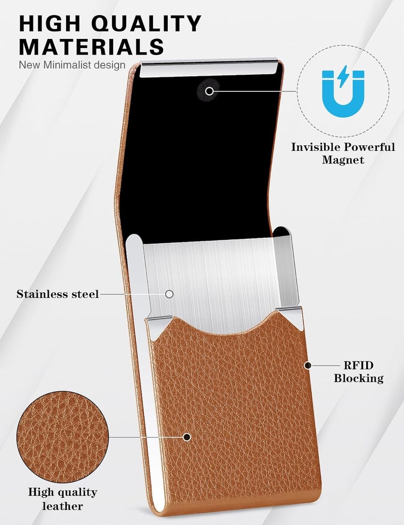 Padike Leather Business Card Holder Metal Business Card Case Slim Professional Name Card Holder with Magnetic Shut (Apricot) - Image 2