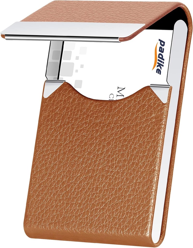 Padike Leather Business Card Holder Metal Business Card Case Slim Professional Name Card Holder with Magnetic Shut (Apricot) - Image 1