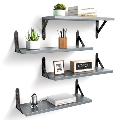 ROMGUAR CRAFT Wood Floating Shelves Set of 4, Rustic Storage Decor Wall Shelves, Wall Mounted Shelf for Living Room, Bedroom 17" x 6", Grey - Image 1