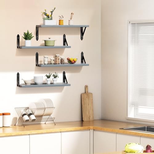 ROMGUAR CRAFT Wood Floating Shelves Set of 4, Rustic Storage Decor Wall Shelves, Wall Mounted Shelf for Living Room, Bedroom 17" x 6", Grey - Image 2