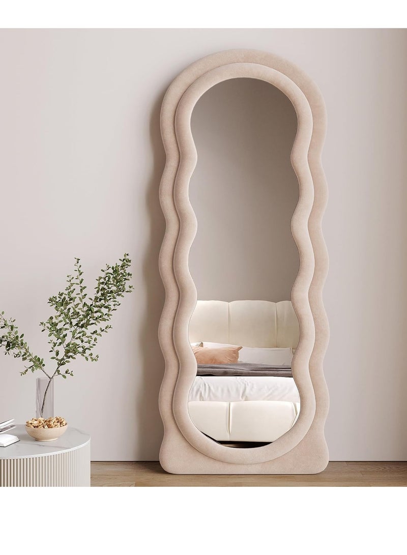 Vparty Full-Length Floor Mirror with Stand, 160x60cm, Irregular Wavy Design, Flannel-Wrapped Wooden Frame, HD Image, Non-Slip Base, Stylish and Durable Standing Mirror for Bedroom, Living Room, Hallway, Modern Home Décor (Beige)  - Image 1
