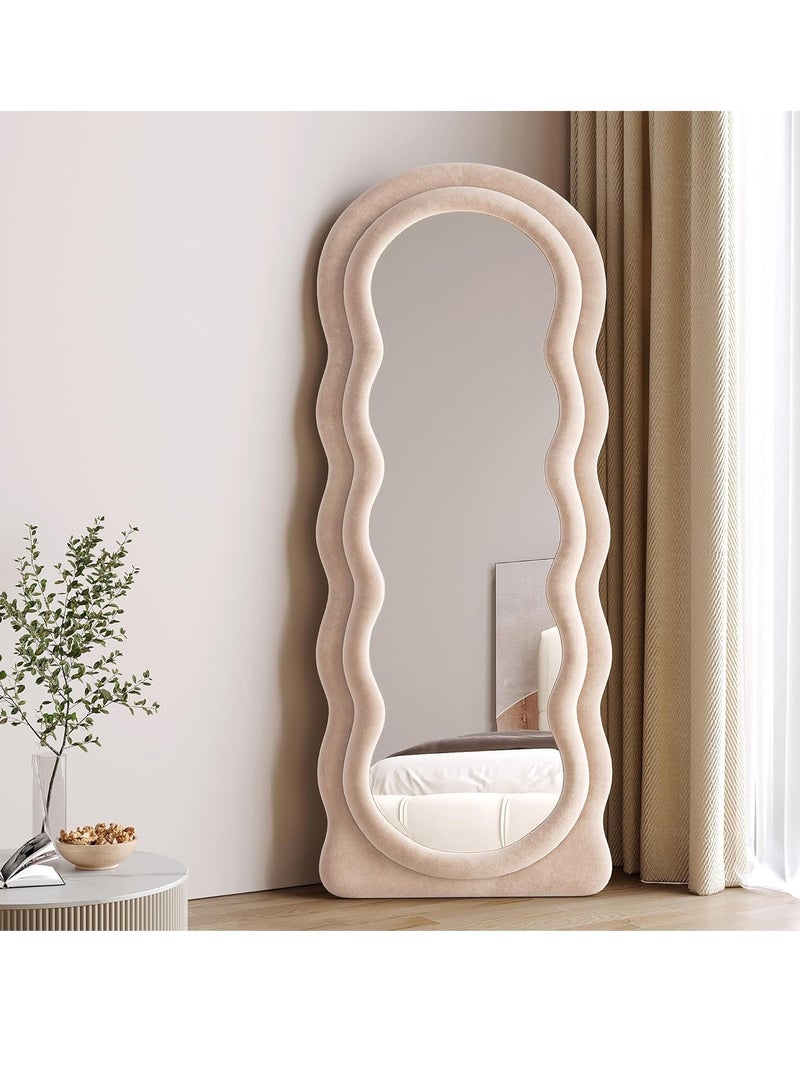 Vparty Full-Length Floor Mirror with Stand, 160x60cm, Irregular Wavy Design, Flannel-Wrapped Wooden Frame, HD Image, Non-Slip Base, Stylish and Durable Standing Mirror for Bedroom, Living Room, Hallway, Modern Home Décor (Beige)  - Image 2