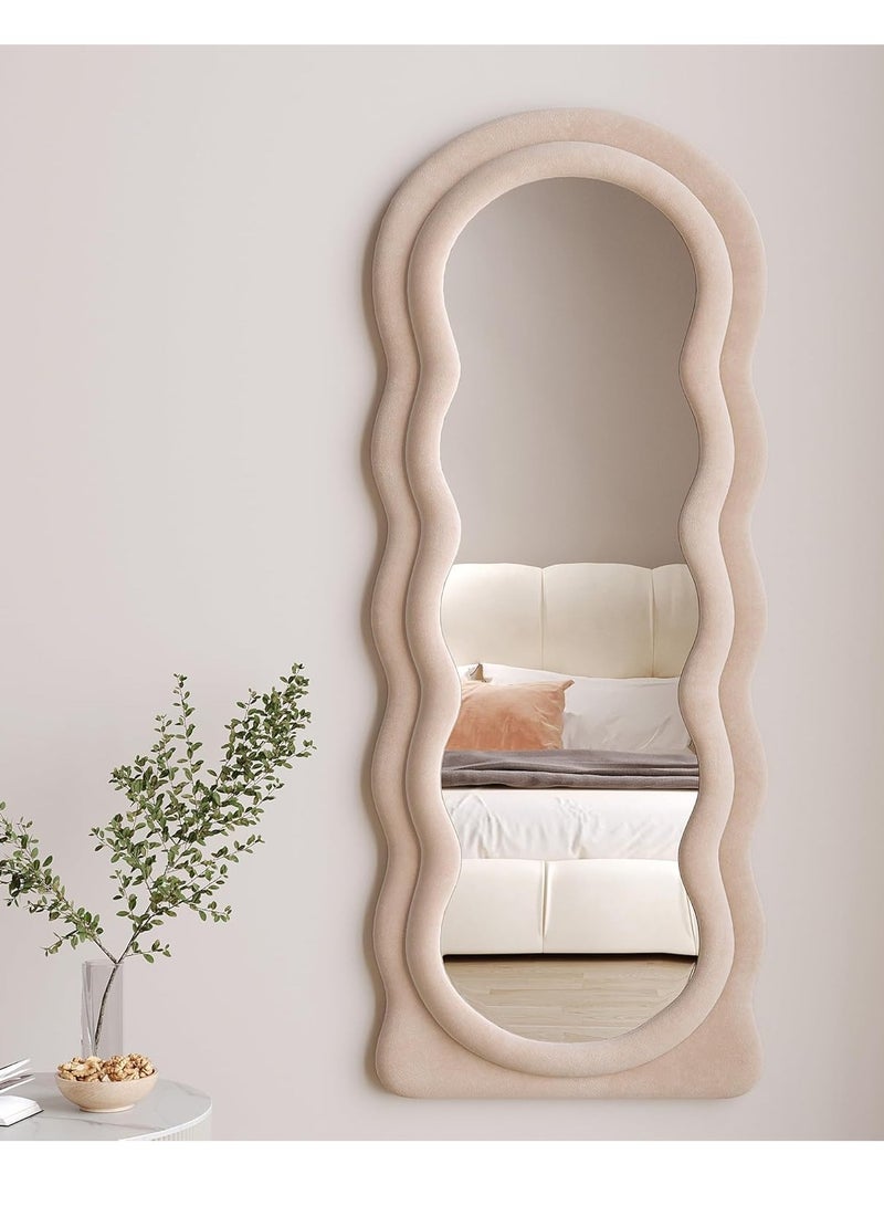 Vparty Full-Length Floor Mirror with Stand, 160x60cm, Irregular Wavy Design, Flannel-Wrapped Wooden Frame, HD Image, Non-Slip Base, Stylish and Durable Standing Mirror for Bedroom, Living Room, Hallway, Modern Home Décor (Beige)  - Image 4