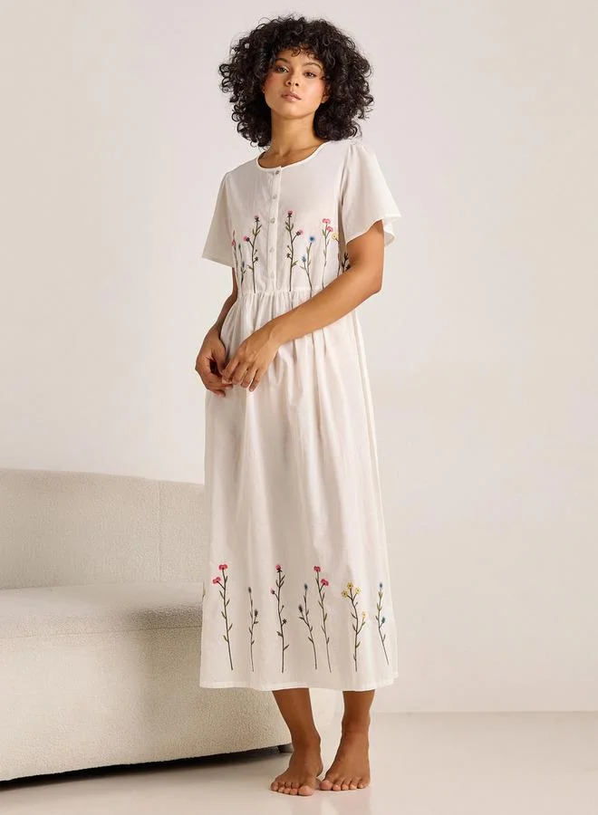 سبلاش فيڤ Night Dress Short Sleeves with Floral Embroidery Cotton