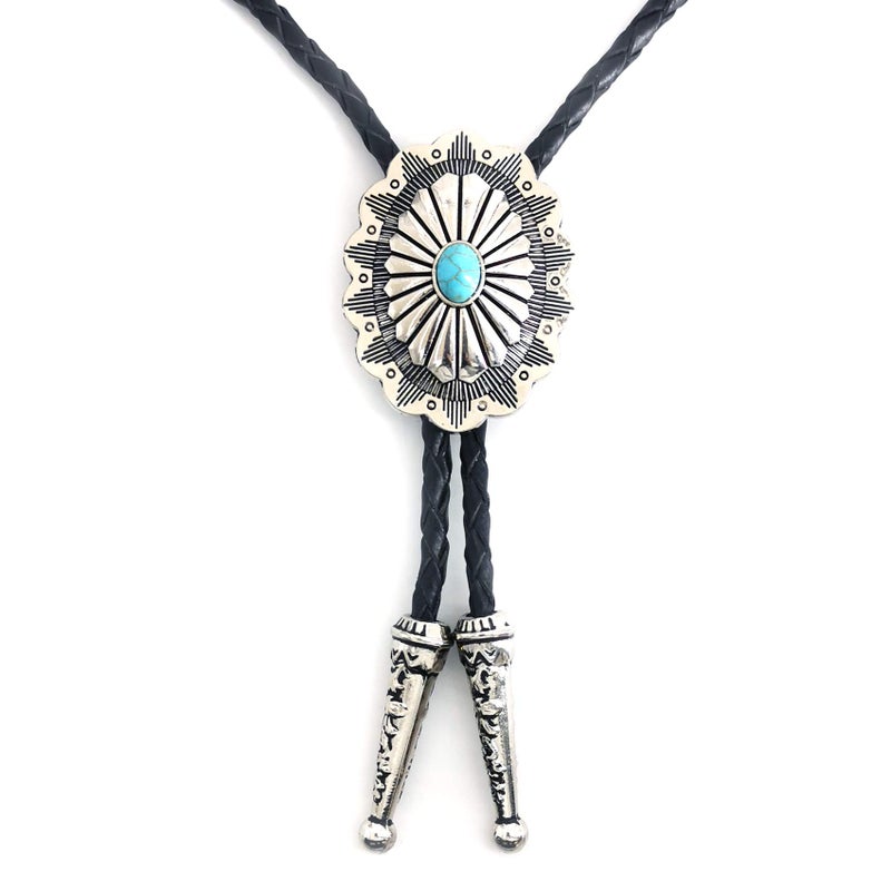 LAXPICOL Vintage Turquoise Stone Bolo Tie For Men Western Cowboy Oval Cool Retro Bola Tie Necktie - Image 1