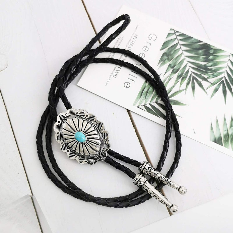 LAXPICOL Vintage Turquoise Stone Bolo Tie For Men Western Cowboy Oval Cool Retro Bola Tie Necktie - Image 2