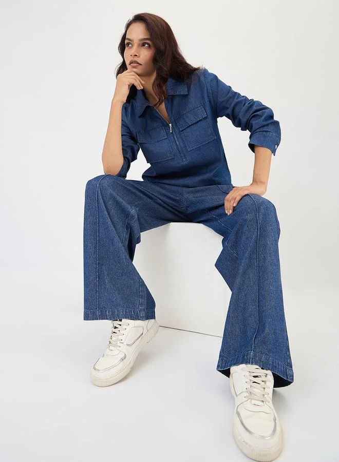 Femmella Navy Denim Wide Leg Cargo Trousers
