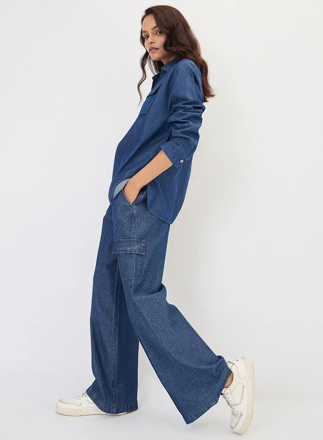 Femmella Navy Denim Wide Leg Cargo Trousers