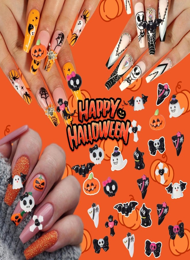 CESUSME 100 Pcs Halloween Resin Charms, Gothic Flatback Pumpkin Skull Ghost Bow Cross Cat Bat Junk Cases Halloween Resin Charms, Halloween Mini Figurines 3d Junk Charms for DIY Crafts Accessories - Image 3
