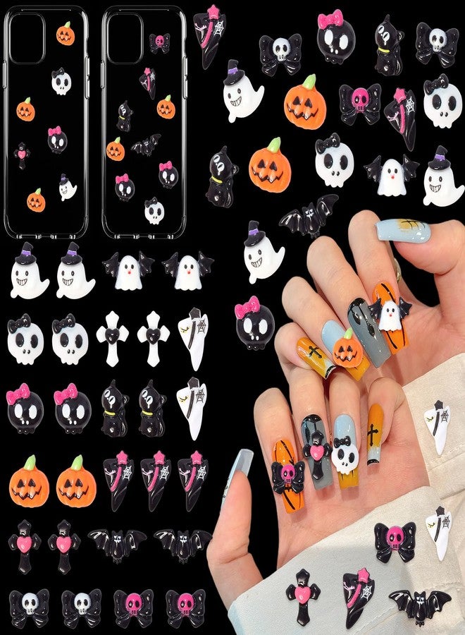 CESUSME 100 Pcs Halloween Resin Charms, Gothic Flatback Pumpkin Skull Ghost Bow Cross Cat Bat Junk Cases Halloween Resin Charms, Halloween Mini Figurines 3d Junk Charms for DIY Crafts Accessories - Image 1
