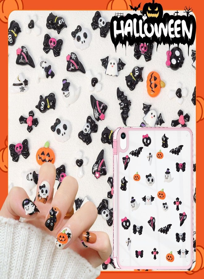 CESUSME 100 Pcs Halloween Resin Charms, Gothic Flatback Pumpkin Skull Ghost Bow Cross Cat Bat Junk Cases Halloween Resin Charms, Halloween Mini Figurines 3d Junk Charms for DIY Crafts Accessories - Image 2