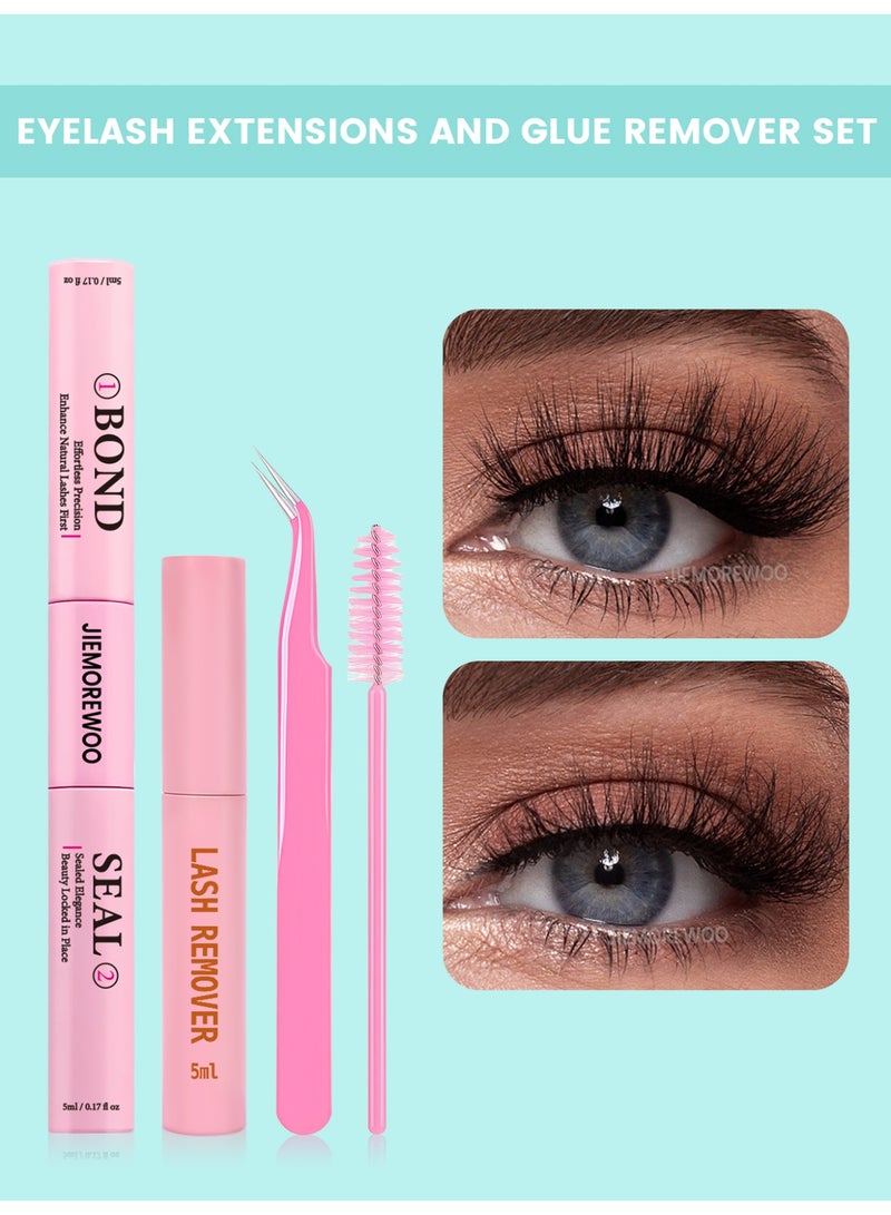 رموش جيمورو مجموعة كاملة لإزالة وصلات الرموش والغراء، غراء للرموش 2 في 1 للربط والختم (5 مل) مع مزيل الرموش، ملاقط، 10 فرش - مقاوم للماء، طويل الأمد، تثبيت قوي جداً - Image 1