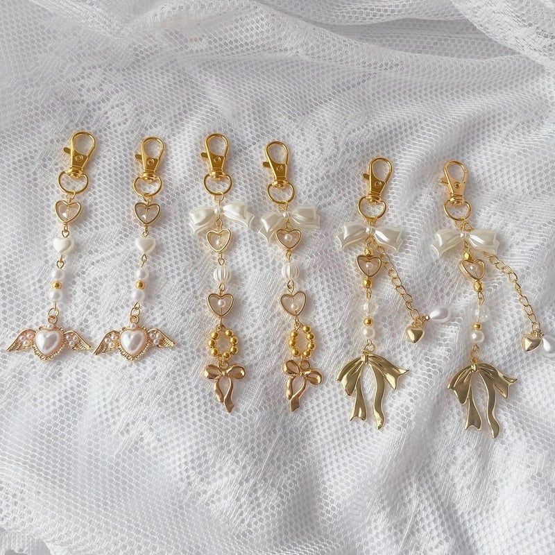 Agromusk Gold Bow Keychain Bag Charms for Women Rose Flower Heart Pearl Beaded Purse Charms Coquette Aesthetic Key Chain Jewelry Elegant Decor Accessories Pendant - Image 4