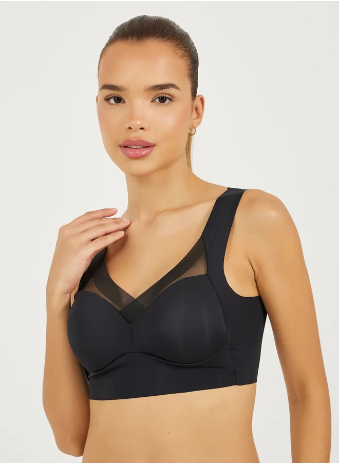 Styli Pack of 3 - Padded Non Wired Full Support Mesh Cross Over Front Detail Crop Top