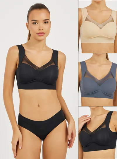 Styli Pack of 3 - Padded Non Wired Full Support Mesh Cross Over Front Detail Crop Top