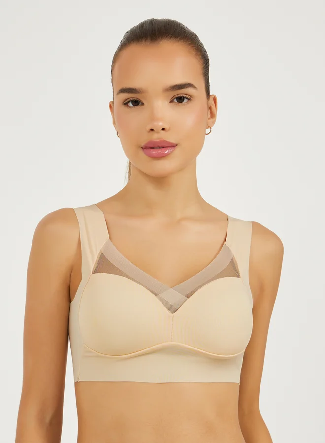 Styli Pack of 3 - Padded Non Wired Full Support Mesh Cross Over Front Detail Crop Top