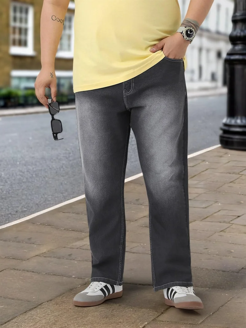 Urbano Plus Men's Dark Grey Straight Fit Washed Jeans Stretchable